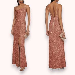 Alice + Olivia Diana Sequined Cowl Neck Slit Gown Antique Rose Pink Dress Size 0